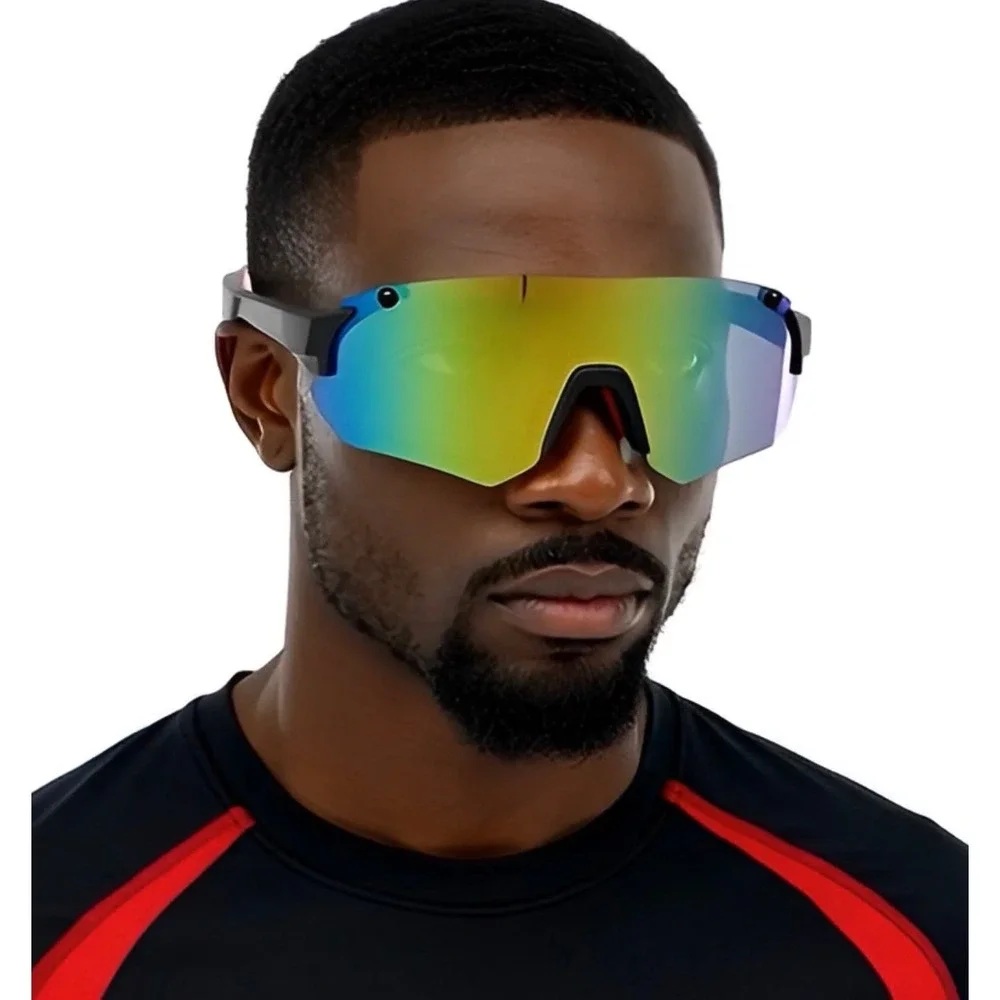Mens Sport‎ Shield Sunglasses Black Red Frame Trendy Mirror Lens Cycling UV400